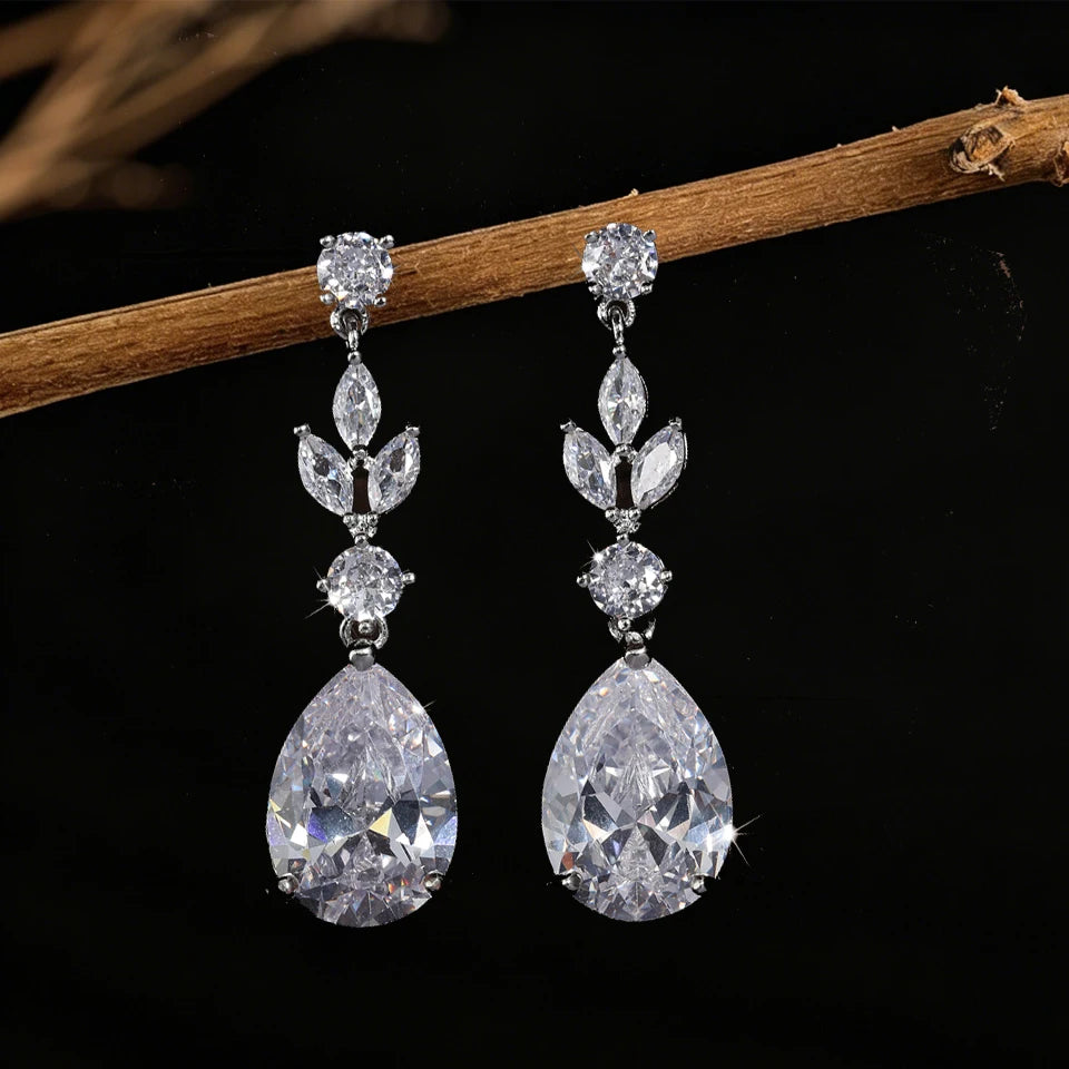 ZAKOL Fashion Trendy Water Drop AAA Cubic Zircon Leaf Dangle Earrings Shining Clear CZ Elegant Bridal Earring Jewelry