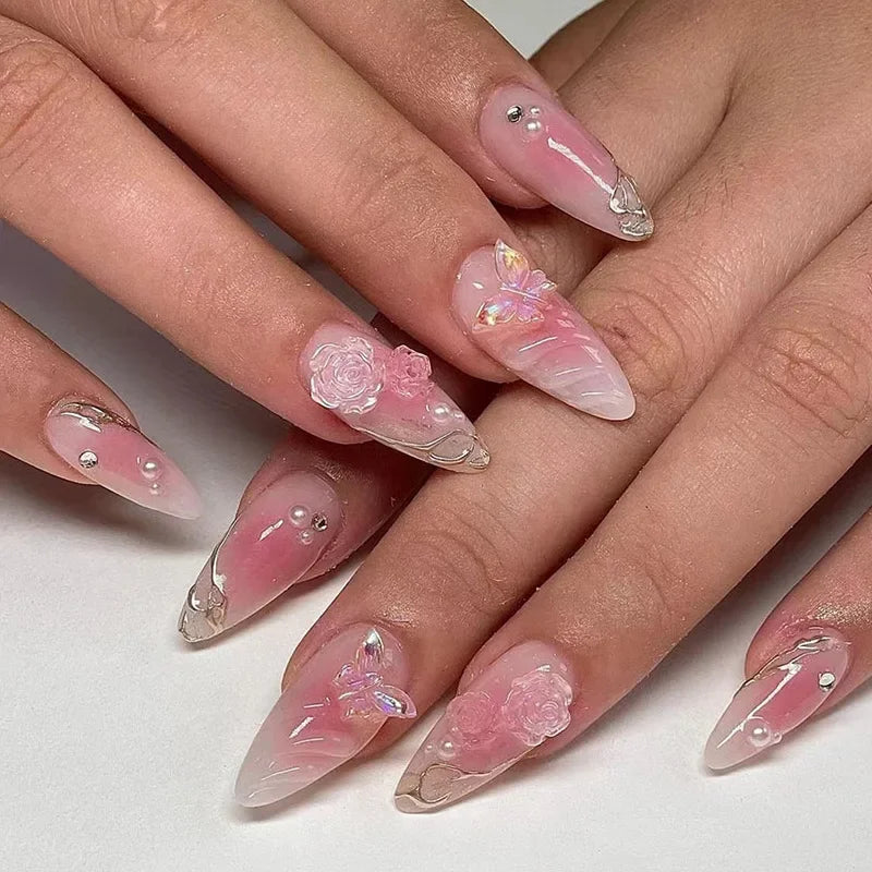24PCS Pink Almond Press on Nails Full Cover Carved Flower 3D Ripples French Fake Nails for Women with Golden Pearl Wearable Nail