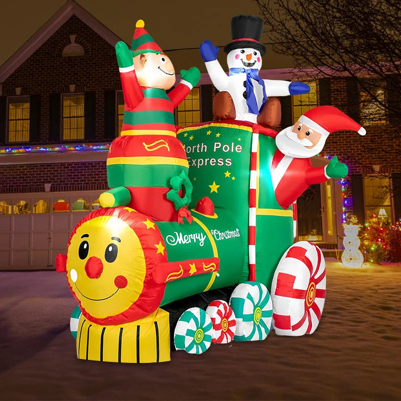 1.8M/5.9FT Height Christmas Inflatable Santa ClausThe Train with Elf and Snowman Built-in LED Lights Blow up Outdoor Lawn Yard