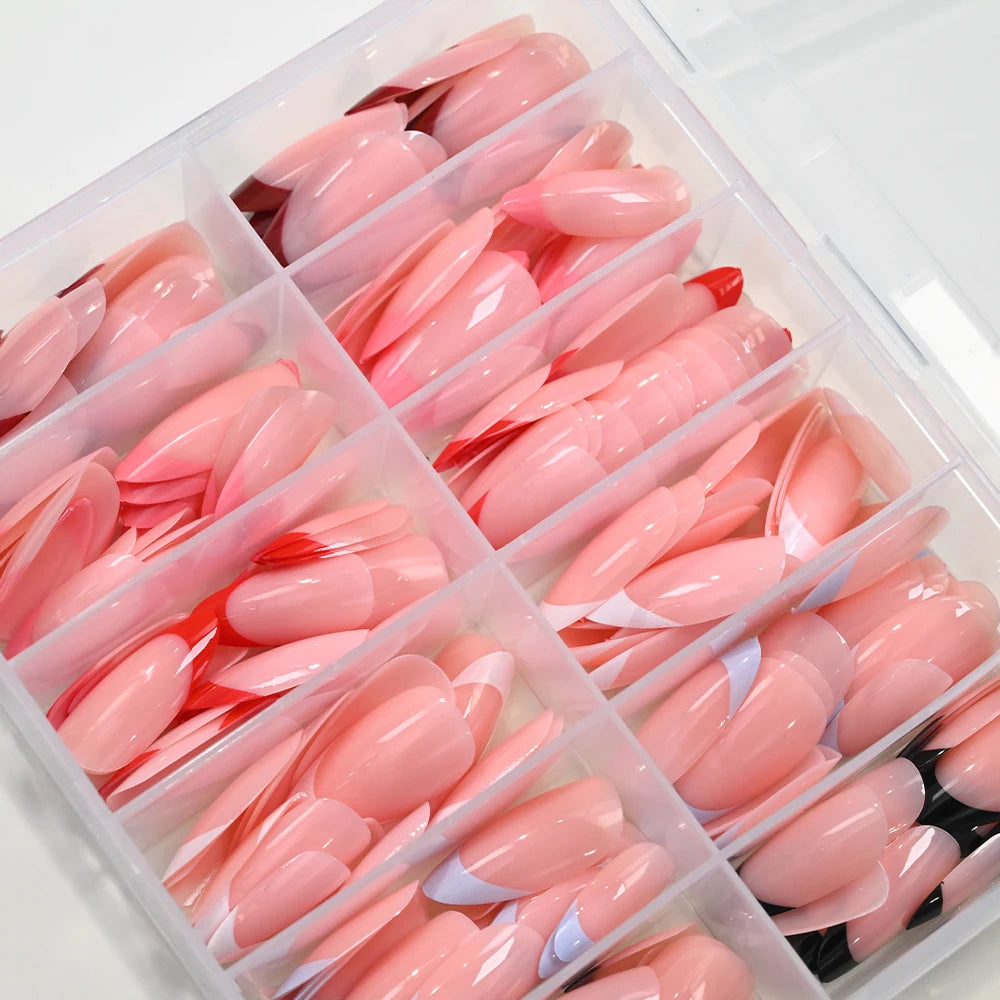 288Pcs Red Pink Medium Almond French False Nails Black White Oval Full Cover Fake Nails Tips Extension Wearable Press on Nails