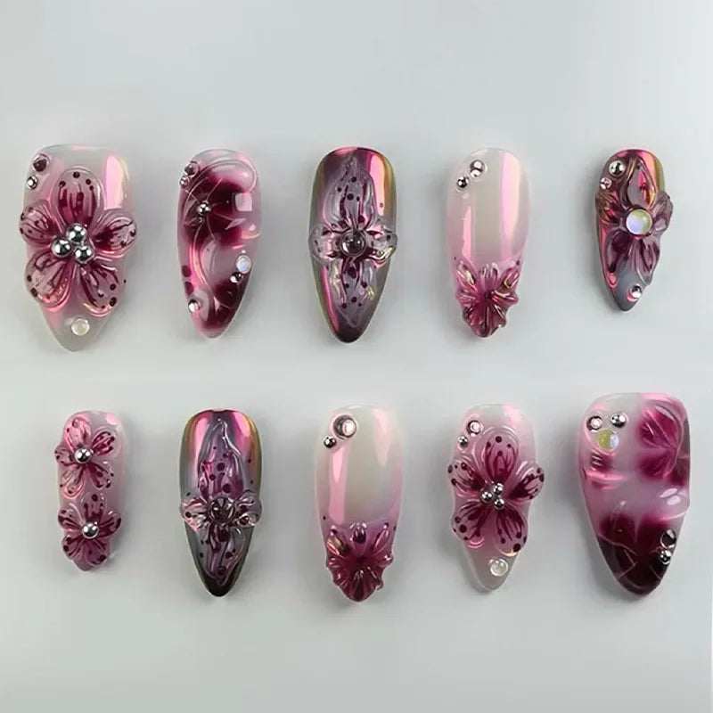 24PCS Pink Almond Press on Nails Full Cover Carved Flower 3D Ripples French Fake Nails for Women with Golden Pearl Wearable Nail