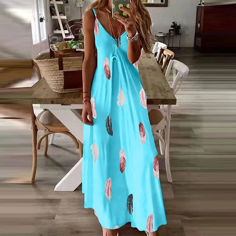 8Colour All-Season Chic Feather Print Maxi Dress Casual V-Neck Comfort Stretch Easy Care