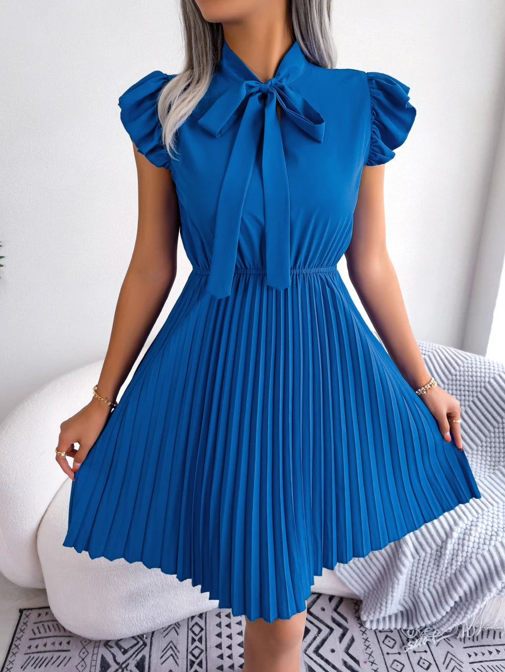 Elegant Bow Tie Pleated Dress 2026 Women Summer Solid Color Ruffles Short Sleeve Mini Dress Green Red Black Blue Woman Clothing