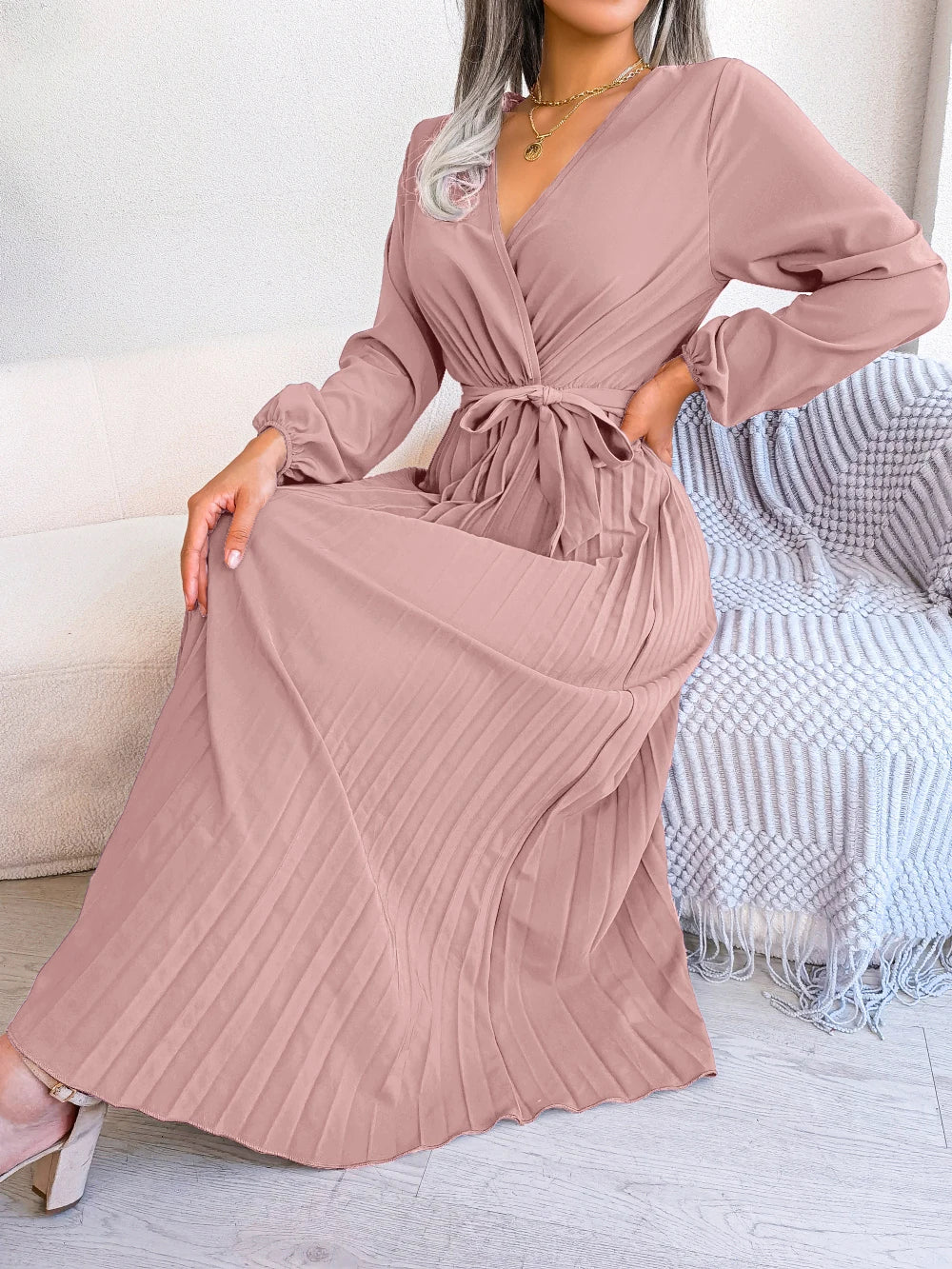 Women Elegant V Neck Long Sleeve Pleated Maxi Dress