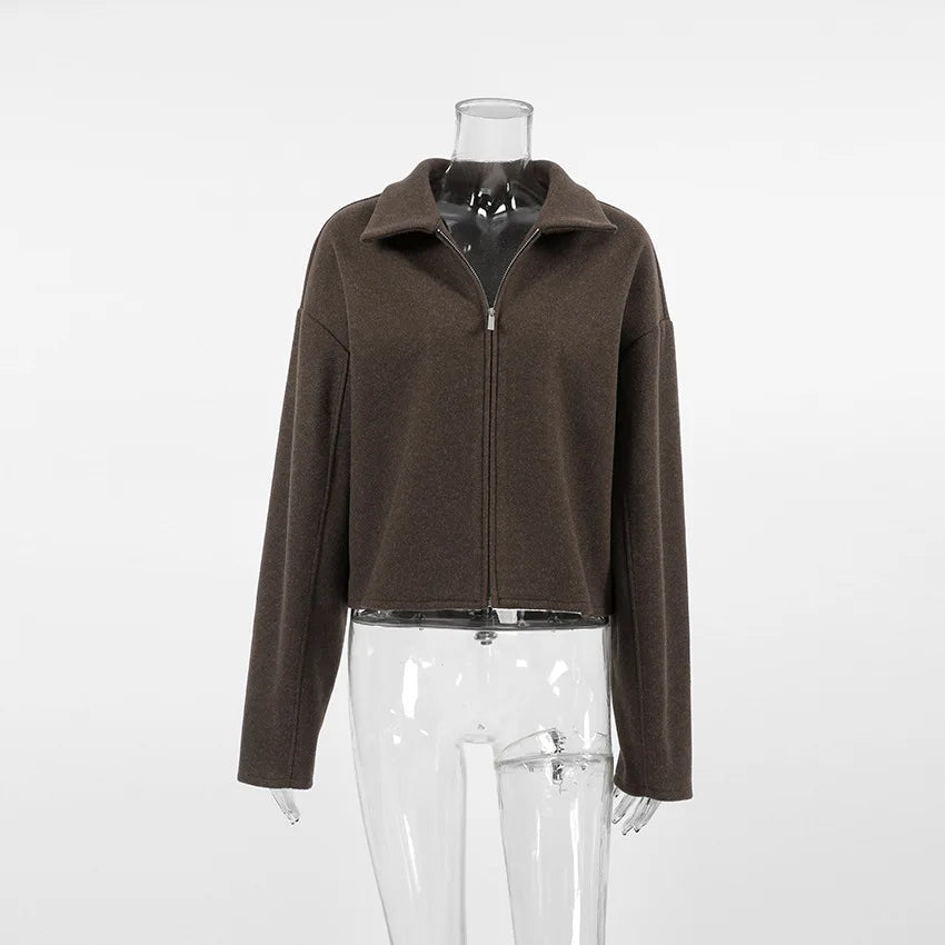 Elegant Women's Woolen Coat Zipper Long Sleeve Blazer Thick Warm Office Lady Tops 2026 Autumn Winter Fashion Short Streetwear