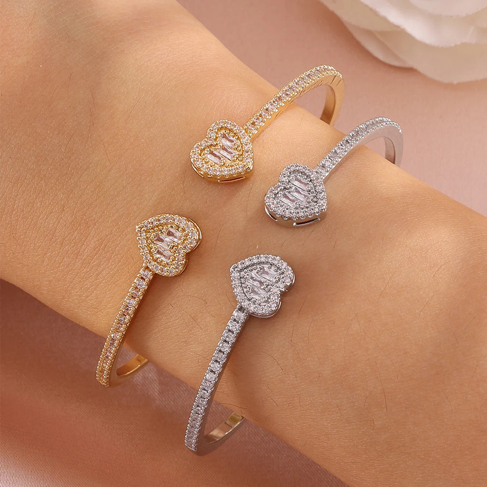 ZAKOL 5/1pcs Shiny Geometric Zirconia Inlaid Stainless Steel Copper Bracelet Set Heart CZ Stackable Bangle Jewelry Gift