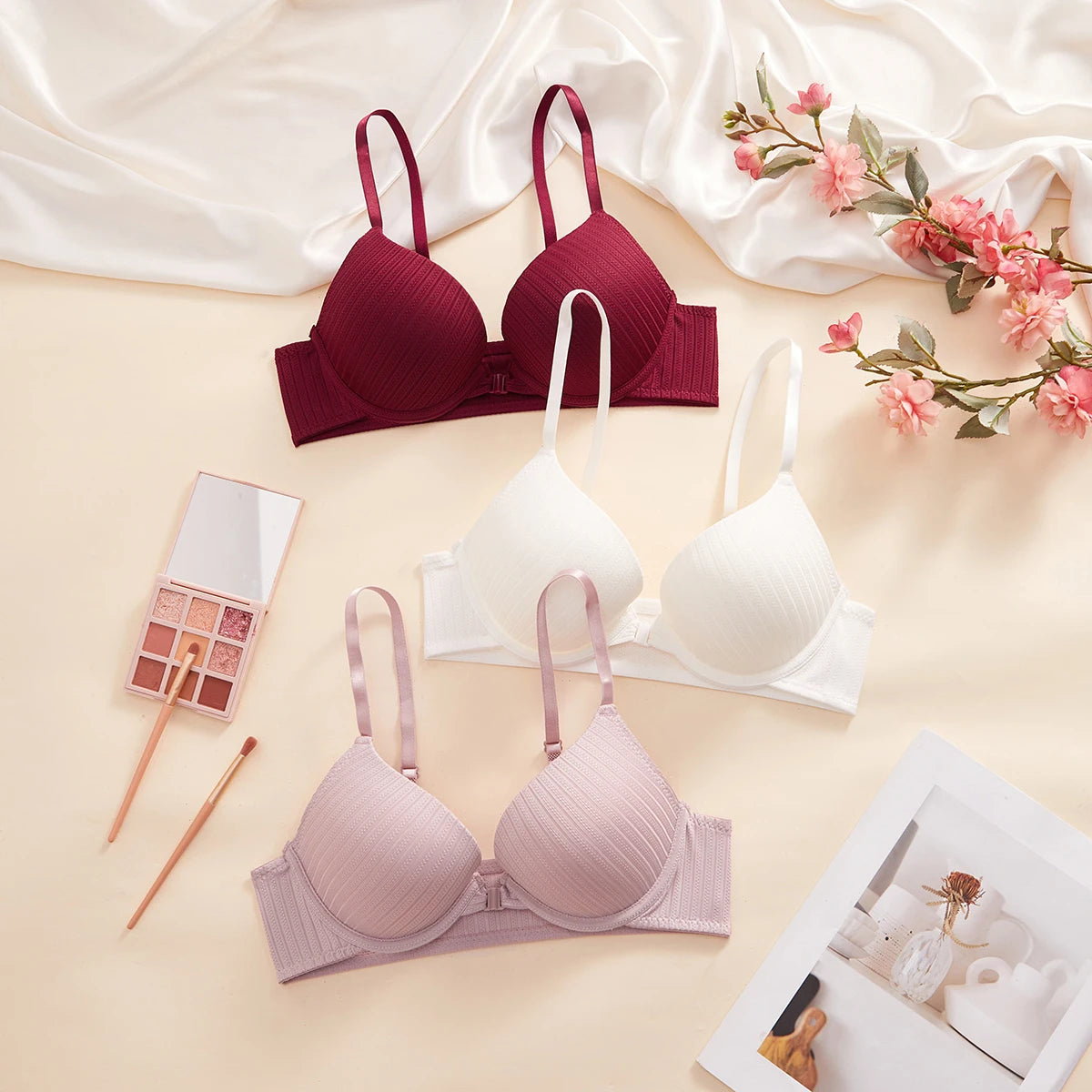 1 3 5Pcs Everyday Solid Women Bra Front Closure Push up Sexy Bras Ribbed Unlined Sweet Women's Underwear