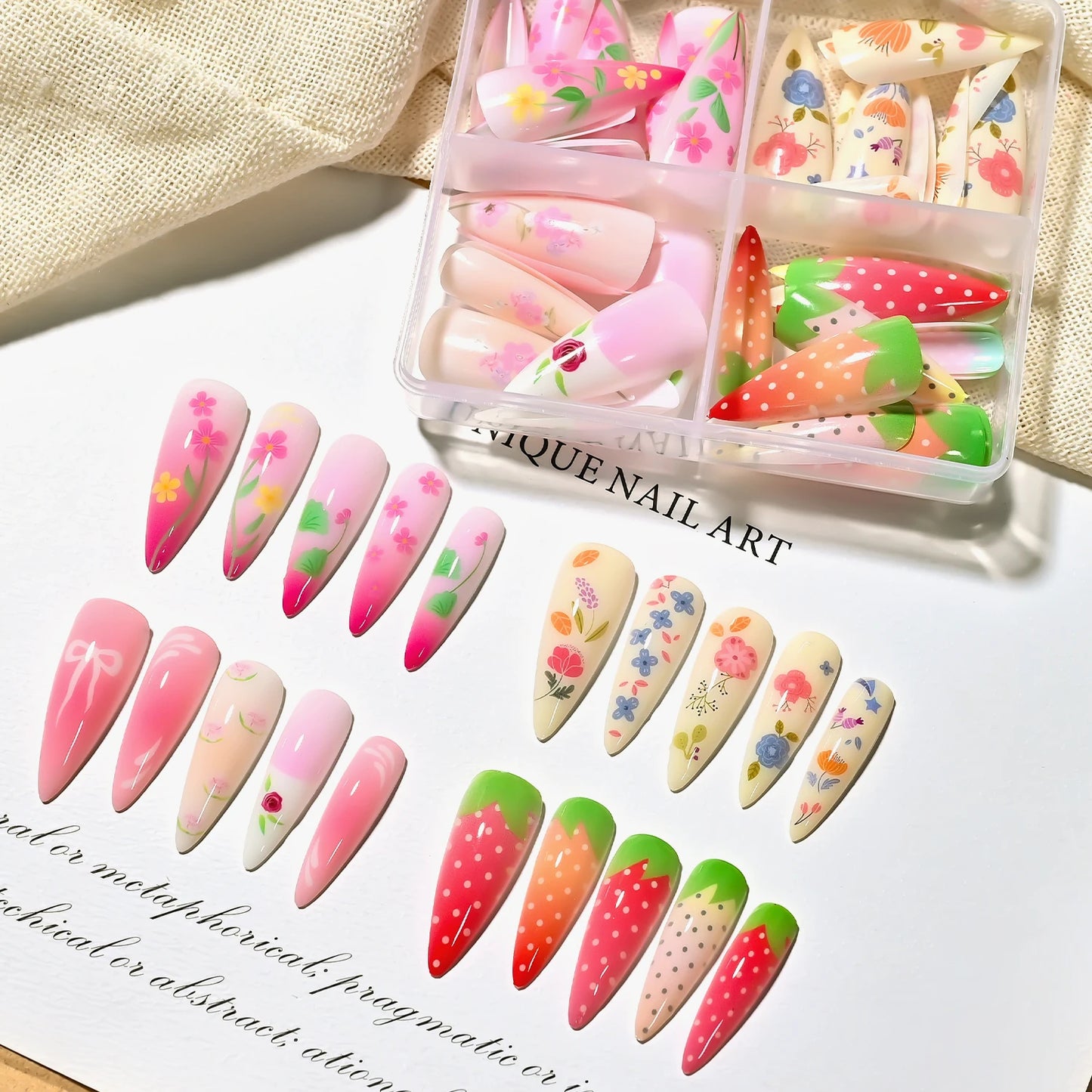 96pcs Gradient Pink Strawberry Design Long Almond False Nails Full Cover Fake Nails Tips Extension Floral Bow Press on Nails