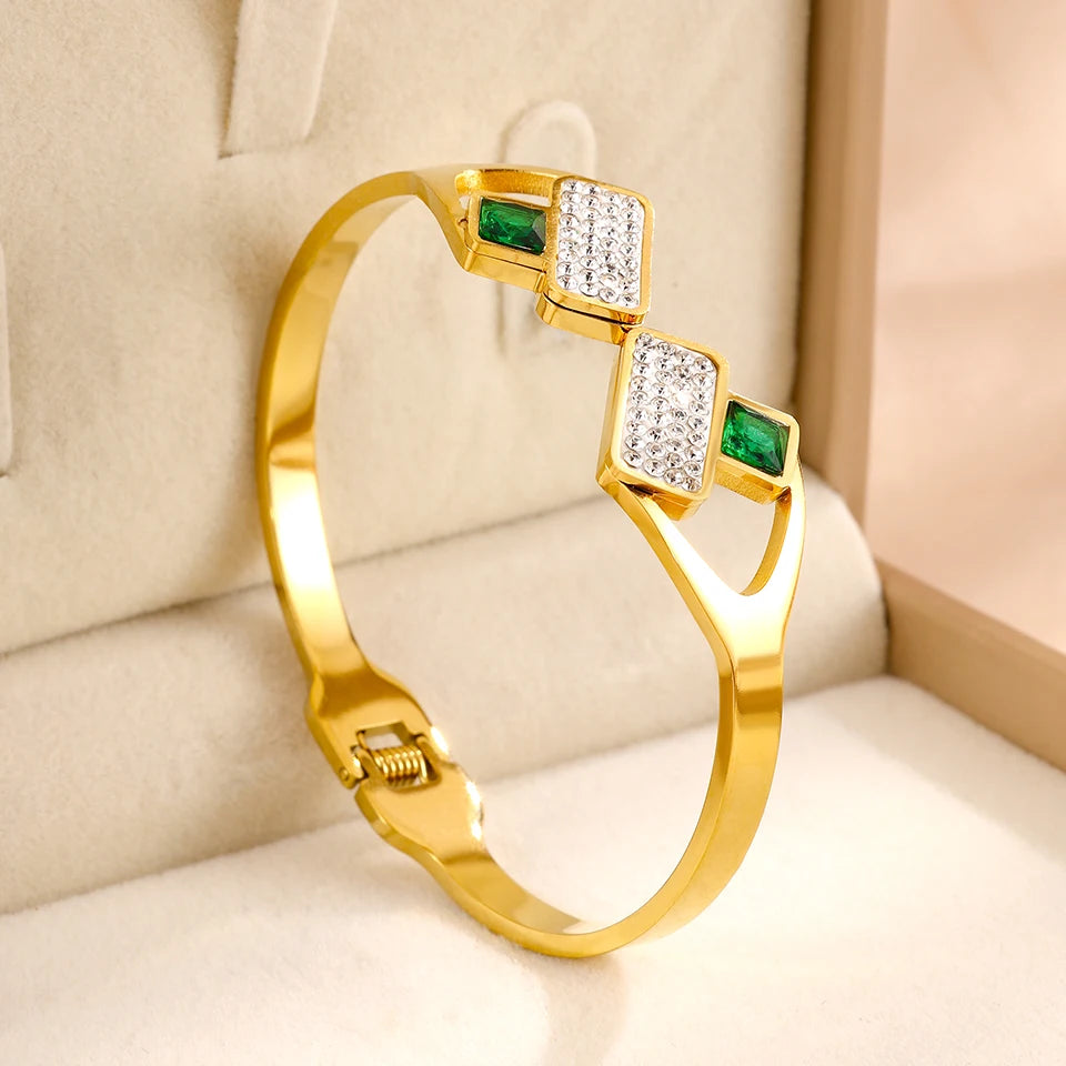 ZAKOL 4/1pcs Geometric Green Square Zircon Inlaid Stainless Steel Copper Stacking Bracelet Luxury Wedding Party Jewelry Gift