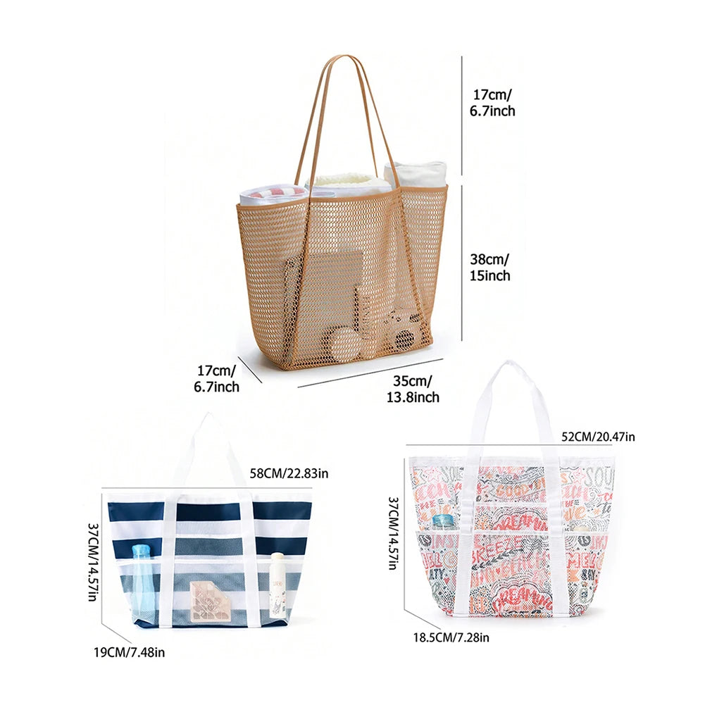 Mesh Beach Bags Beach Tote Bag With Multi Pockets Large Capacity Travel Tote Handbag Swim Pool Bag Multifunctional Storage Bag