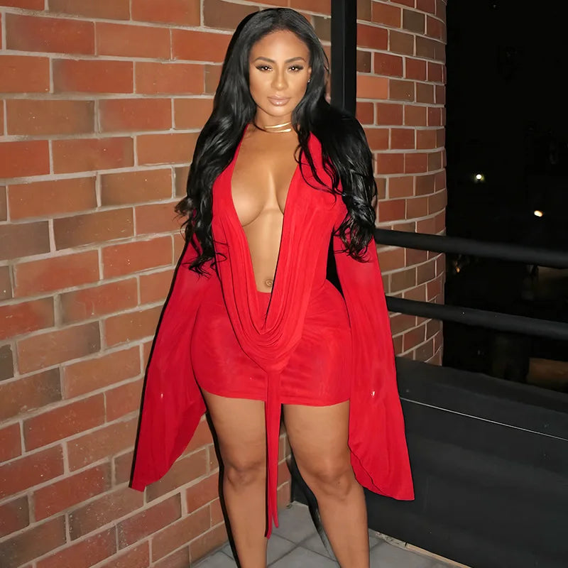 BKLD Solid Color 2026 New Women's Clothing Mesh Swinging Collar Long Sleeve Open Back A-line Short Dresses Party Clubwear