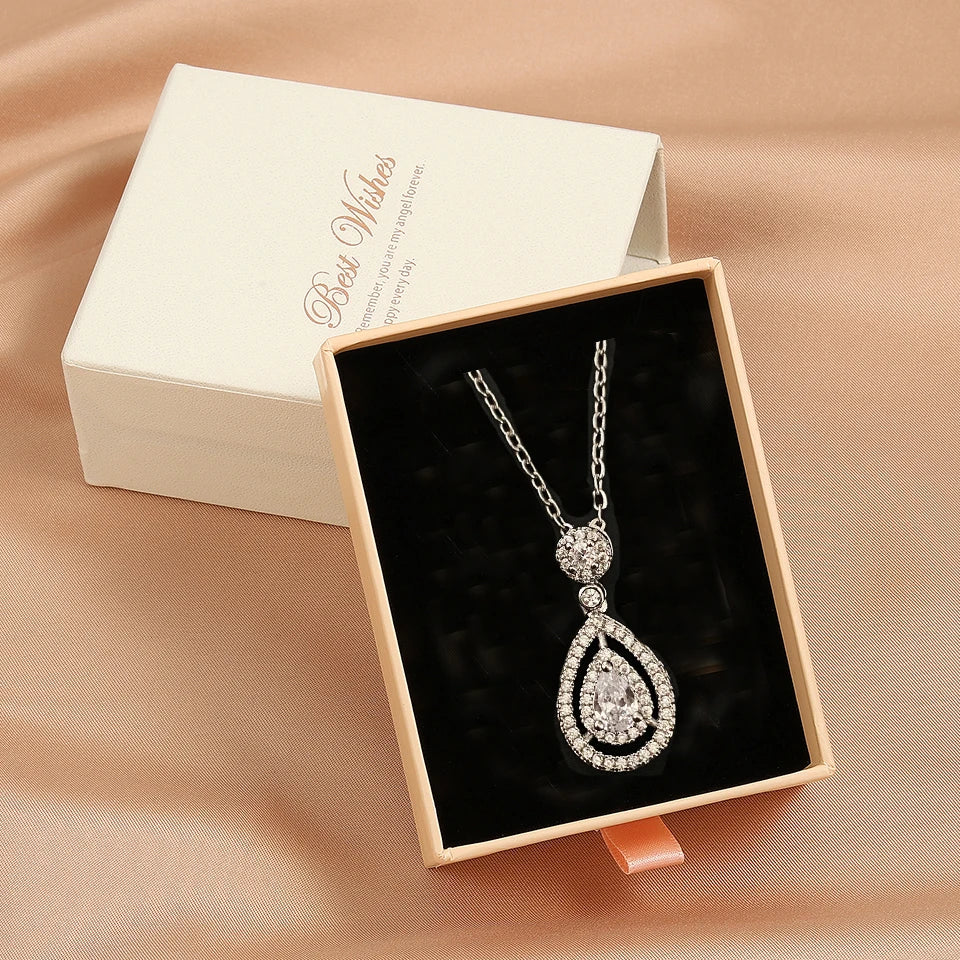 ZAKOL Simple Geometric Crystal White Zircon Pendant Necklace For Women Silver-Color Wedding Party Jewelry Gift With Box