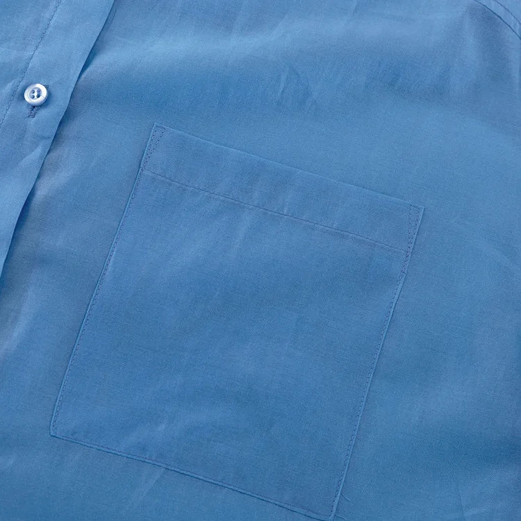 Casual Loose Solid See Through Blue Blouse For Women Sexy Lapel Long Sleeve Classic Shirt 2026 New Autumn Commuter Female Tops