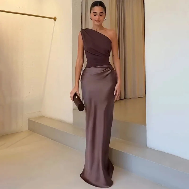 Elegant One-Shoulder Patchwork Satin Party Dress for Women Irregular Neck Slim Sleeveless Dresses Female Evening Gowns Clubwear