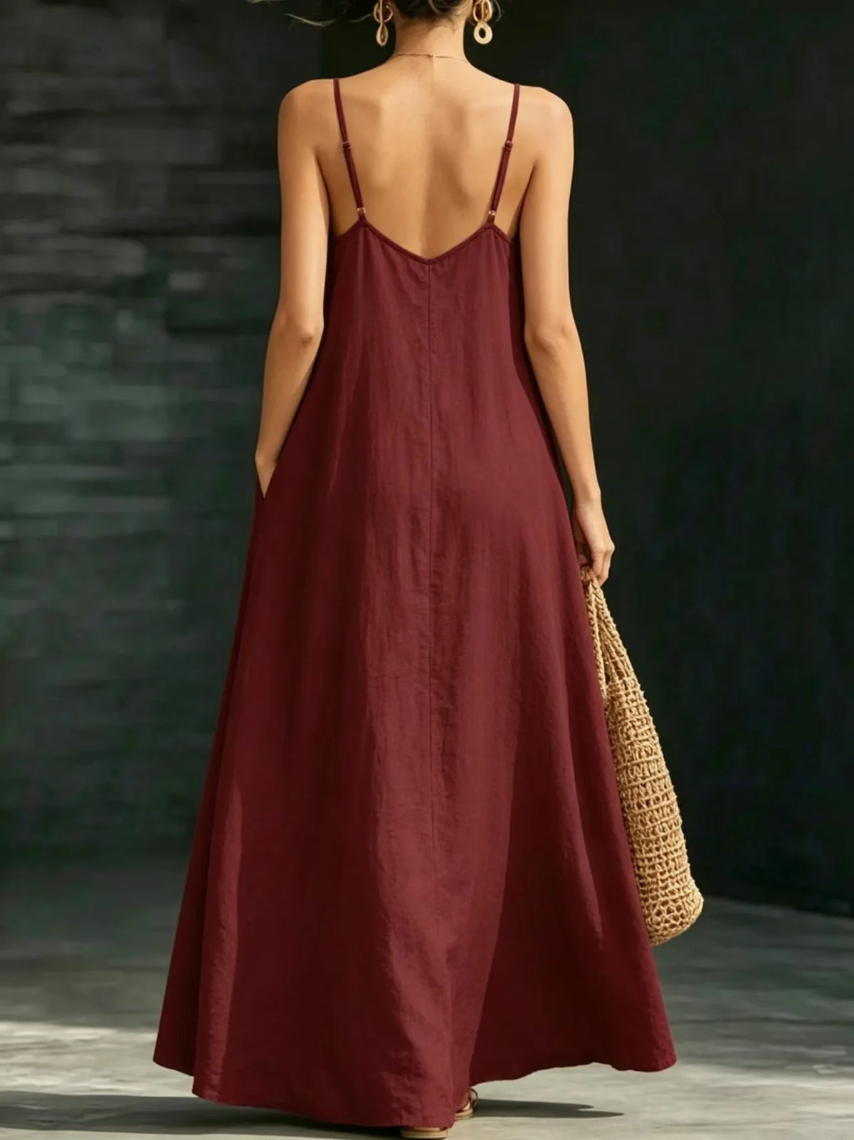 Women Linen Spaghetti Strap Maxi Dress V Neck Loose Swing Long Dress With Pockets Casual Summer Beach Vacation Sundress Ladies