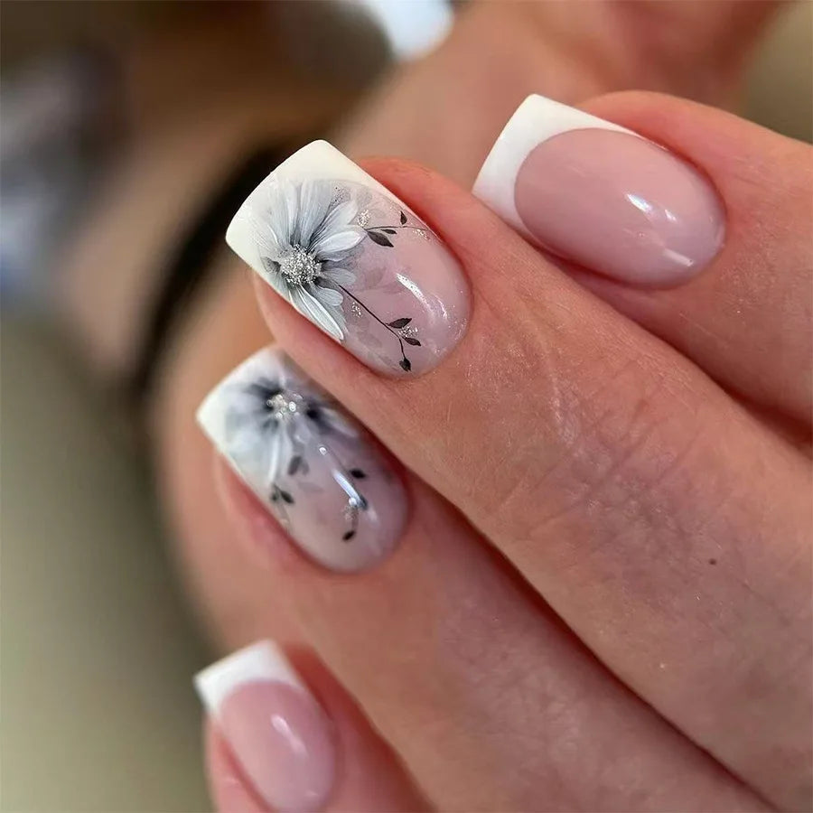 24Pcs Solid Black Short False Nails with Rose Pattern Design Ballerina Square Artificial Full Cover Press on Nail Tips for Girls