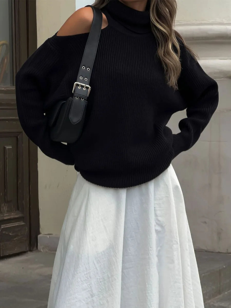 Women New Turtleneck Cutout Shoulder Pullover Long Sleeve Ribbed Knit Trendy Loose Fit Sweater Autumn Winter Fashion Streetwear
