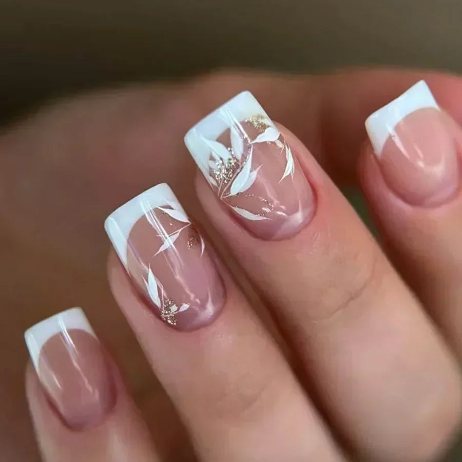 24Pcs Solid Black Short False Nails with Rose Pattern Design Ballerina Square Artificial Full Cover Press on Nail Tips for Girls