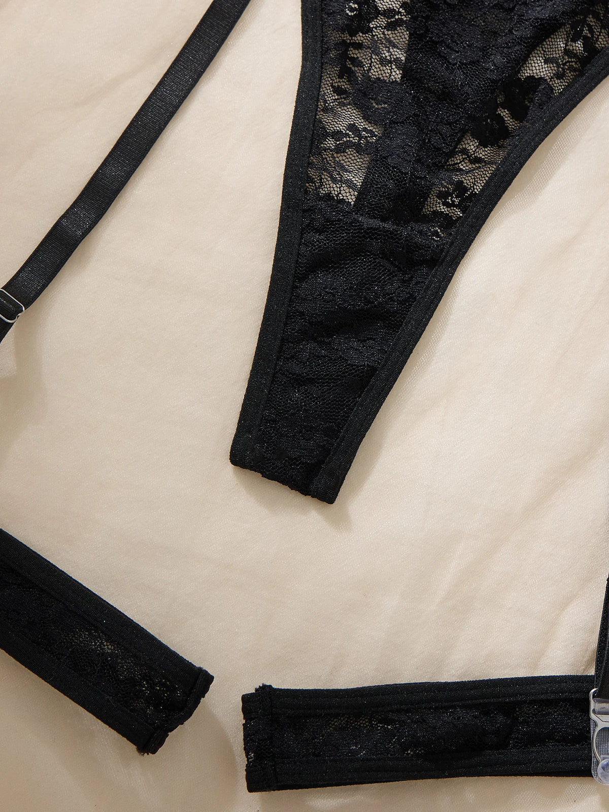 Black Lace Chemise Set with Floral Cup Fine Strap Halter Leg Ring Three-Piece Underwear Ensemble