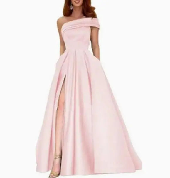 BKLD Solid Color Fashion One Shoulder Satin Dress Birthday Party Fluffy Dress 2026 Autumn Women Clothing Green Split Sexy Dress
