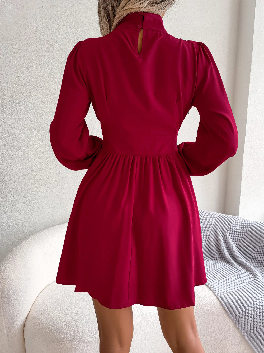 Spring Autumn Casual Solid Hollow Out Long Sleeve A Line Dress for Women Elegant Mini Dresses Red Black White Woman Clothing