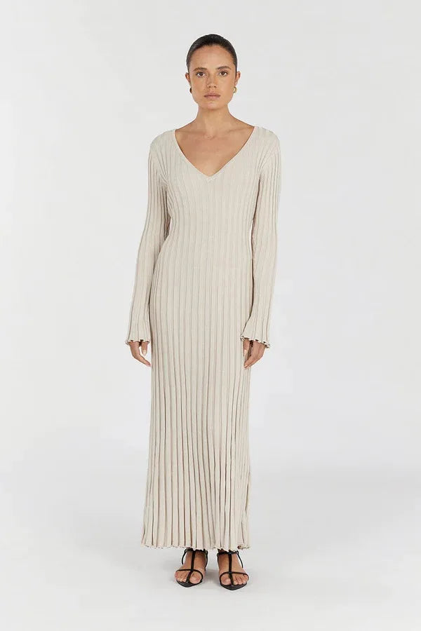 Vintage Lace-Up Female Knit Maxi Dress Elegant High Waist Patchwork Long Sleeve Loose Solid Dress Bodycon Knitwear Basic Dresses