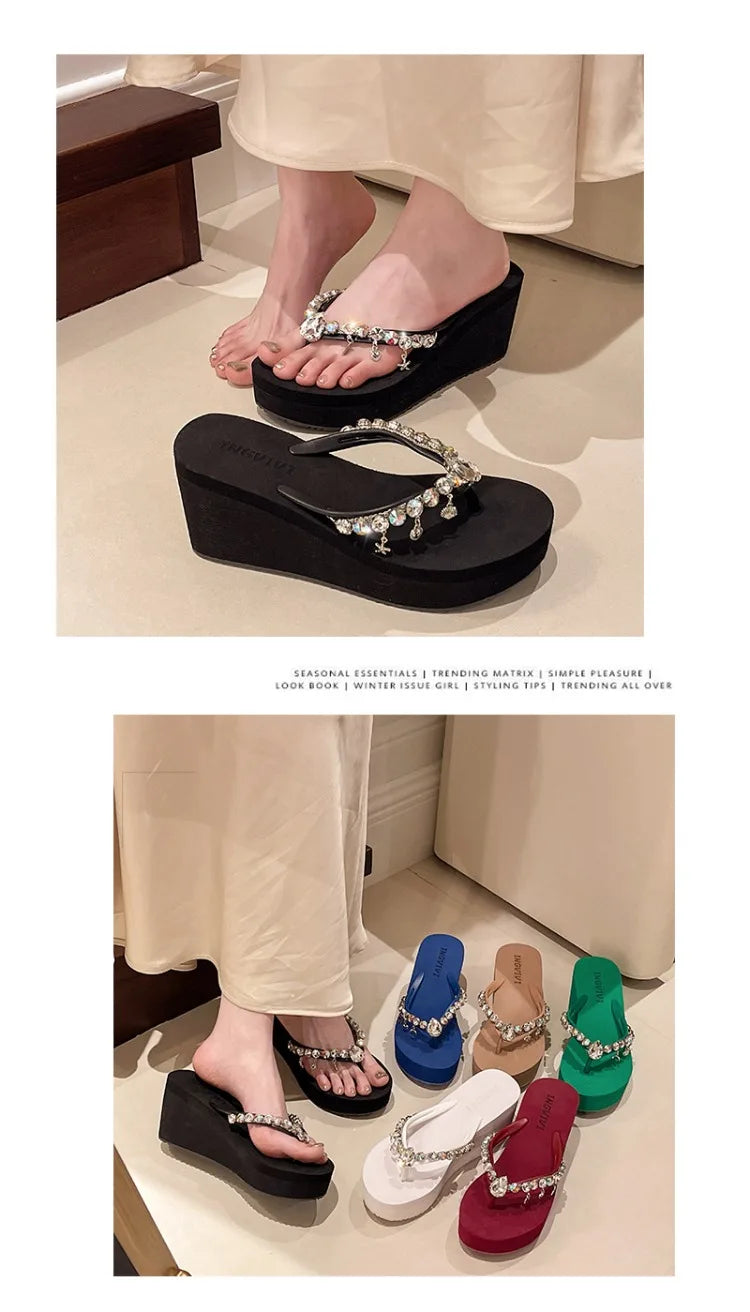 2025 Summer New High-heeled Flip Flops Women's Rhinestone Chain Pendant Thick Bottom Fashionable Clip on Sandals Beach Slippers