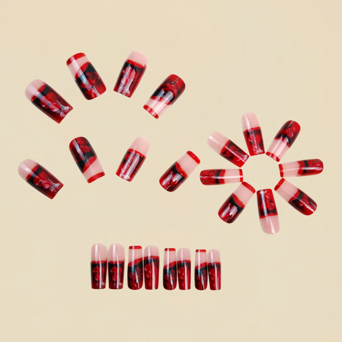 Medium long fake nails for women girls gradient red wine glass colorful fruit full cover ballet nail tips press on false nail