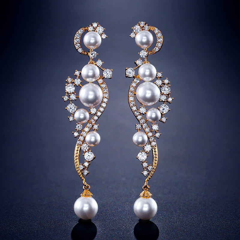ZAKOL Luxury Shiny AAA Cubic Zirconia Hanging Earrings for Women Imitation Pearl Bridal Long Earring Women's Wedding Jewelry