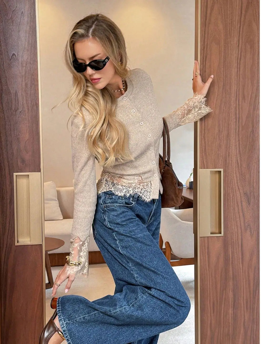 Women's Lace Patchwork Knitted Cardigan Casual O-Neck Hollow Out Long Sleeve Slim Fit Sweaters New Female Spring Autumn Knitwear