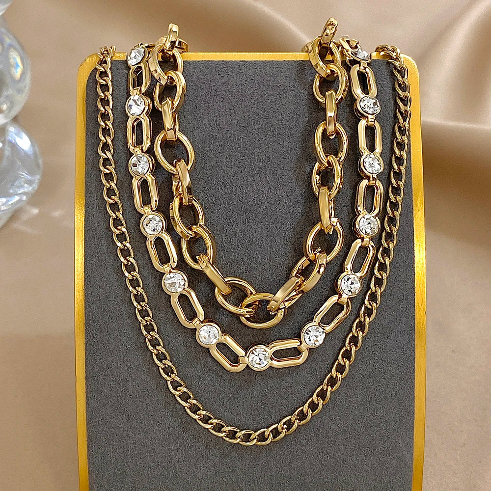 Punk Chunky Gold Color Rhinestone Multilayer Chain Choker Necklaces For Women Temperament Daily Jewelry Accessories