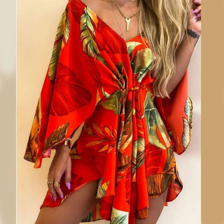 Sexy V-Neck Floral Boho Dress – Asymmetrical Loose Fit with Batwing Sleeves | فستان بوهيمي صيفي واسع بنقشة أوراق وياقة V وأكمام بات وينغ غير متماثل
