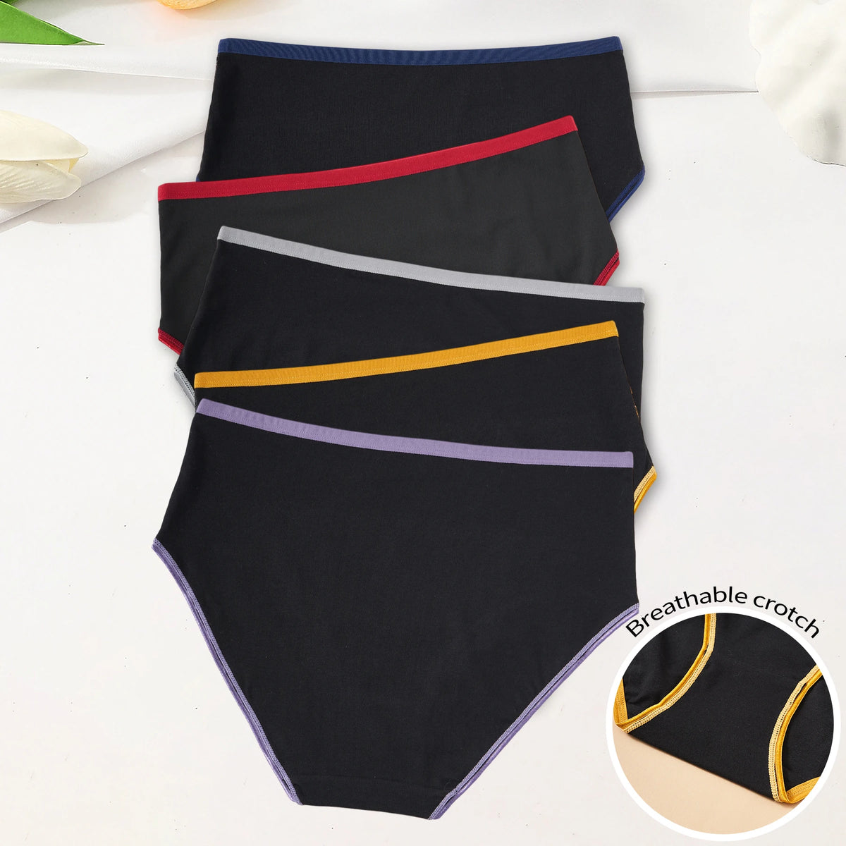 5 Pack Women's Lace Floral Underwear High Rise Soft Comfy Briefs Contrast Color Trim Panties Breathable Ladies Daily Lingerie