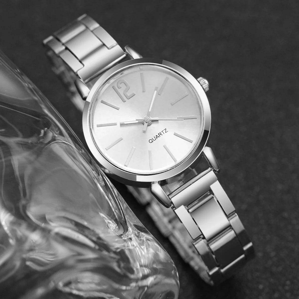 6PCS/Set Fashion Women's Quartz Watch Stainless Steel Band Wrist Watches Diamond Jewelry Set(Without Box)