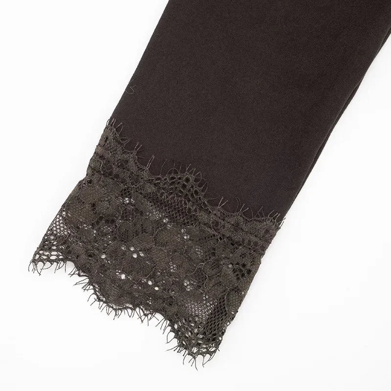 Women Lace Patchwork V Neck Long Sleeve T Shirt Ribbed Slim Fit Basic Undershirt Elegant Lace Trim Cuff Stretch Base Layer Tops