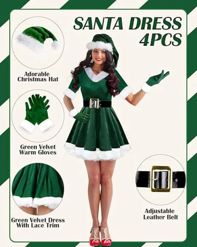 4-Piece Santa Claus Costume, Ladies Santa Dress Santa Claus Costume