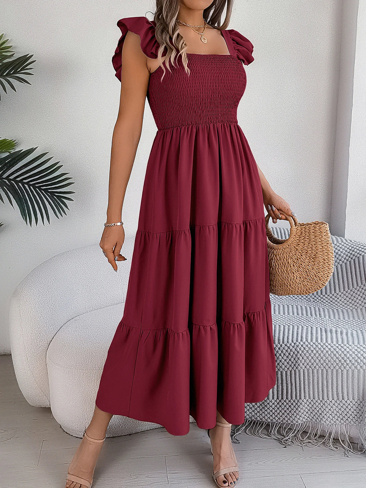 Spring Summer Solid Color Edible Tree Fungus Edge Square Neck Sleeveless Holiday Dress Elegant Long Dresses for Women Rose Blue
