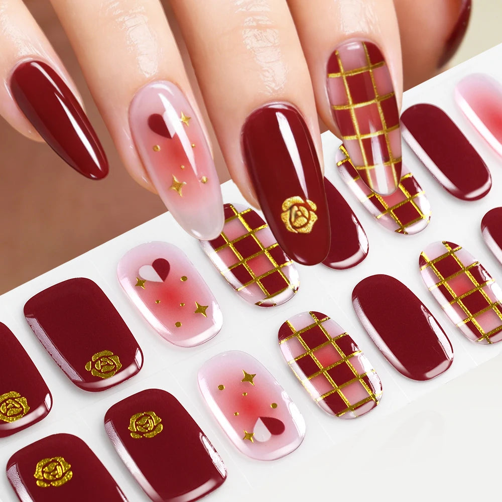16Tips Gradient Semi Cured Gel Nail Strips Blush Flower Design Full Wrap Nail Decals French Gold Lines Gel Nail Polish Sticker