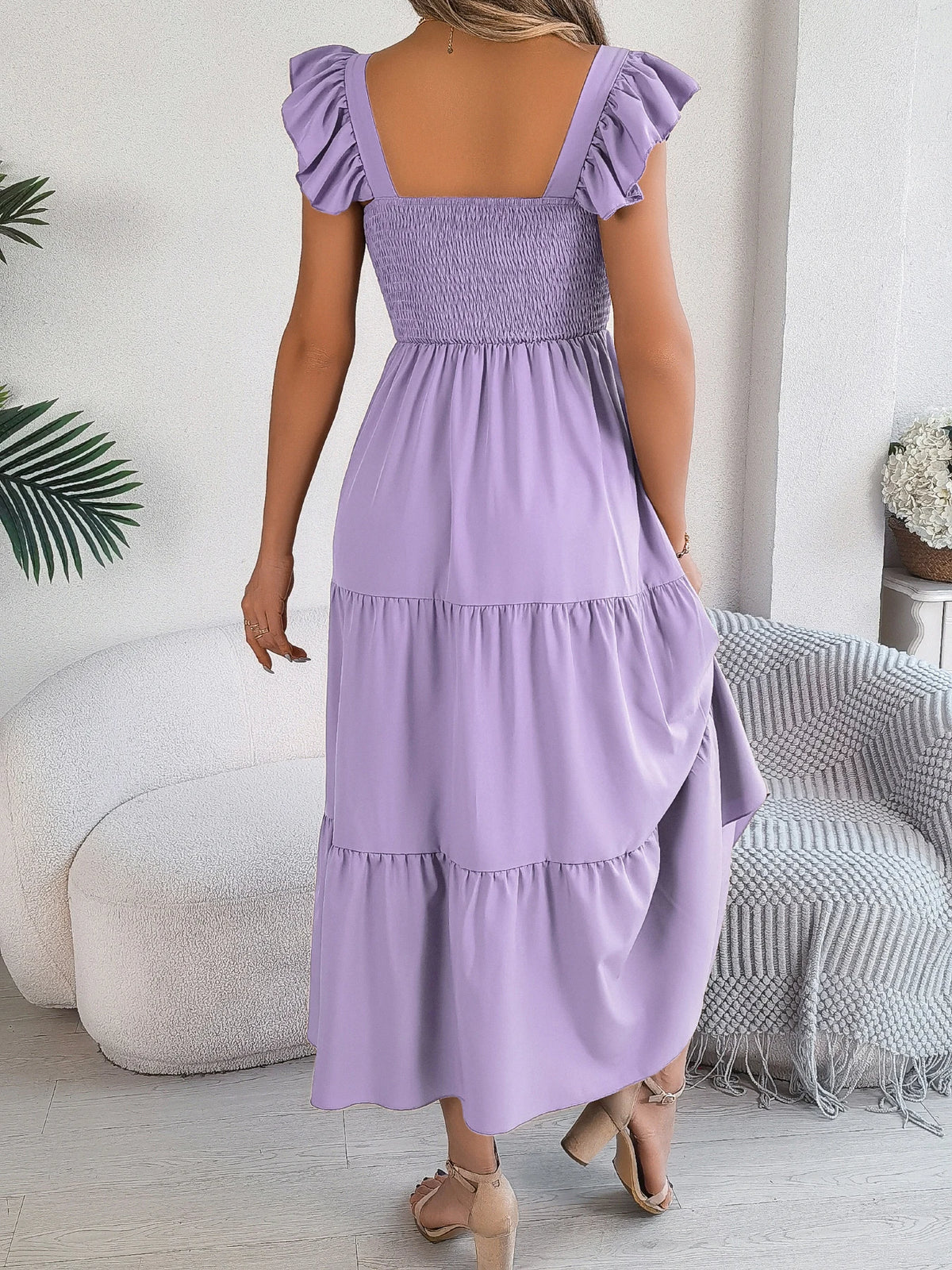 Spring Summer Solid Color Edible Tree Fungus Edge Square Neck Sleeveless Holiday Dress Elegant Long Dresses for Women Rose Blue