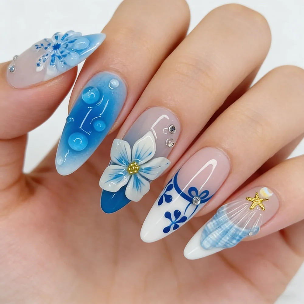 10Pcs Mid-length Almond Press on Nails 3D Leopard Print Gradient Blue Flower False Nails French Full Cover Fake Nails Tips