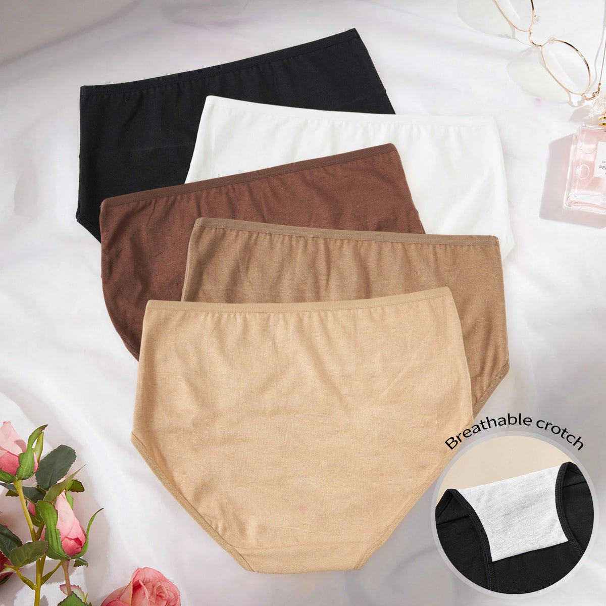 5PCS Women's High Waist Cotton Briefs Solid Color Letter Print Panties Elastic Breathable Comfortable Ladies Daily Underwear
