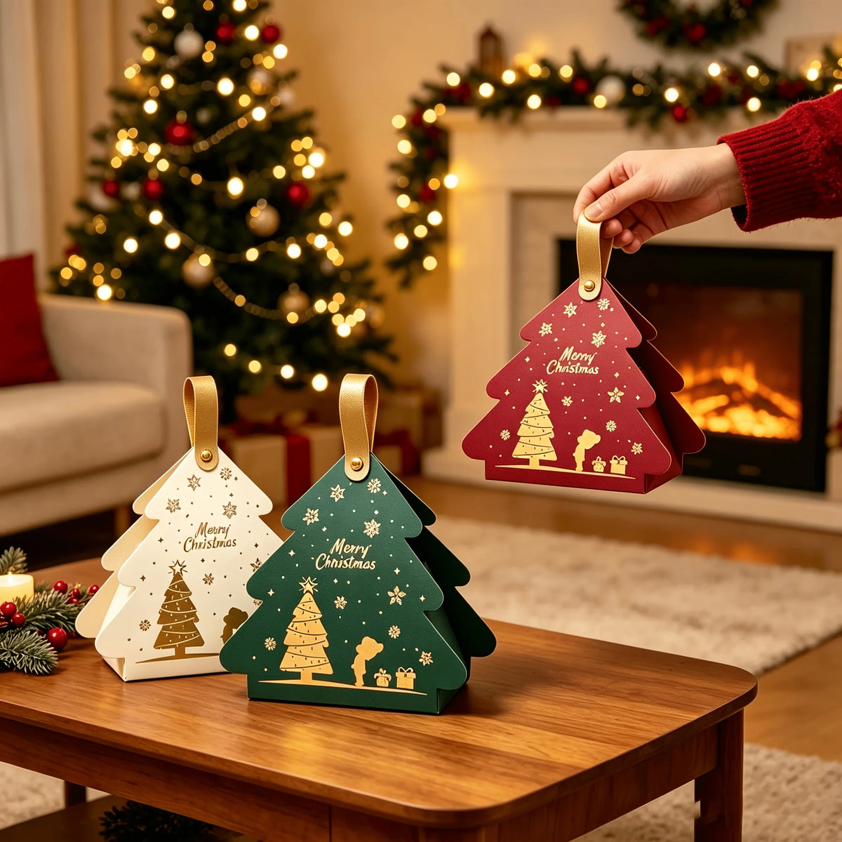 Christmas Tree Shaped Gift Box Set with Handle, Portable Paper Gift Bags,for Holiday Party Favors And Christmas Tree Decorations