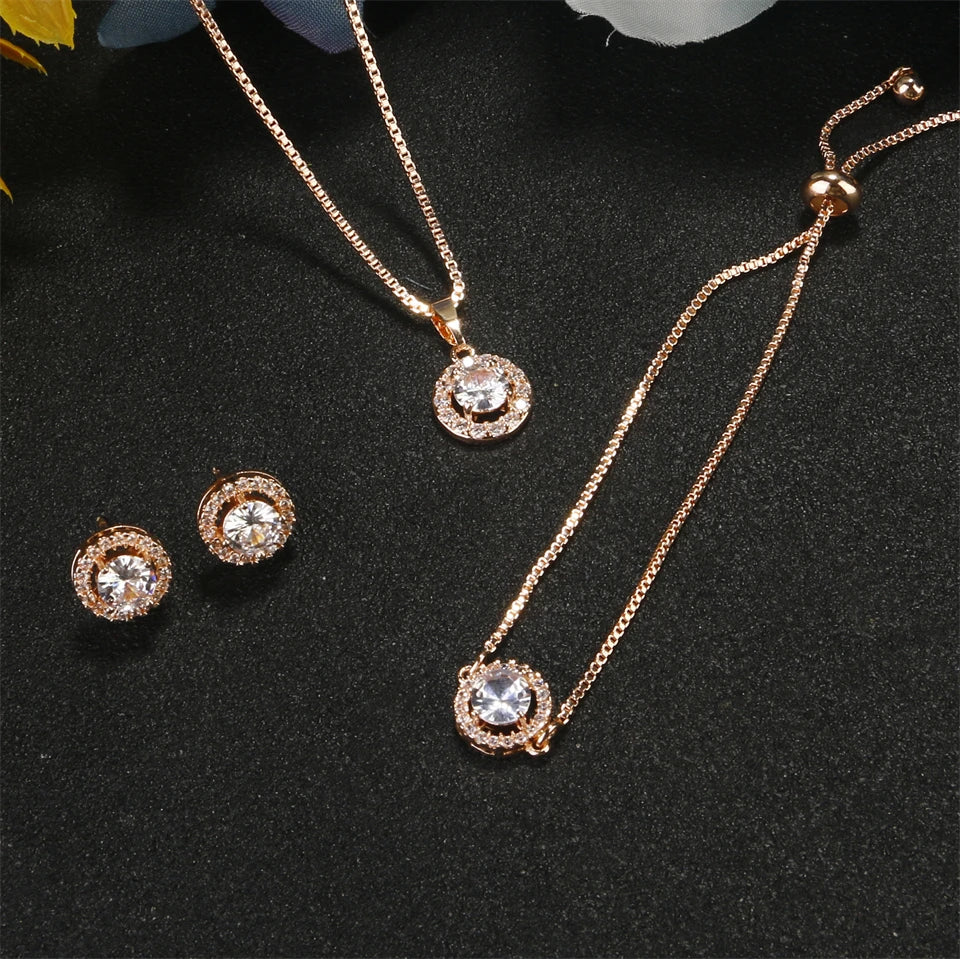 Simple Geometric Round Zircon Pendant Necklace for Women Clear  AAA Zirconia Crystal Charm Chain Necklaces Wedding Jewelry Sets