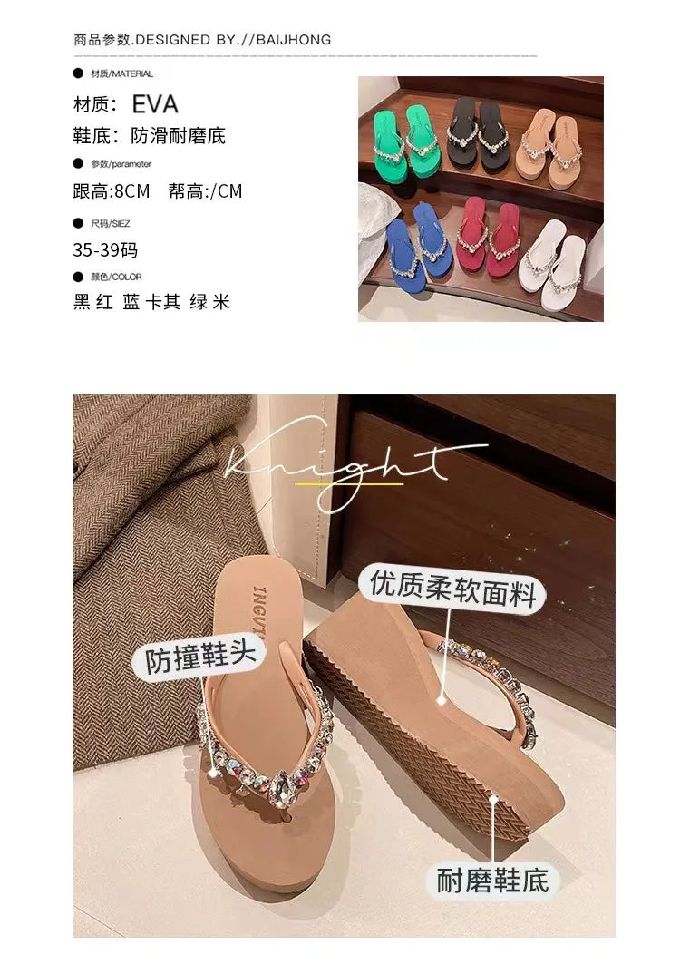 2025 Summer New High-heeled Flip Flops Women's Rhinestone Chain Pendant Thick Bottom Fashionable Clip on Sandals Beach Slippers
