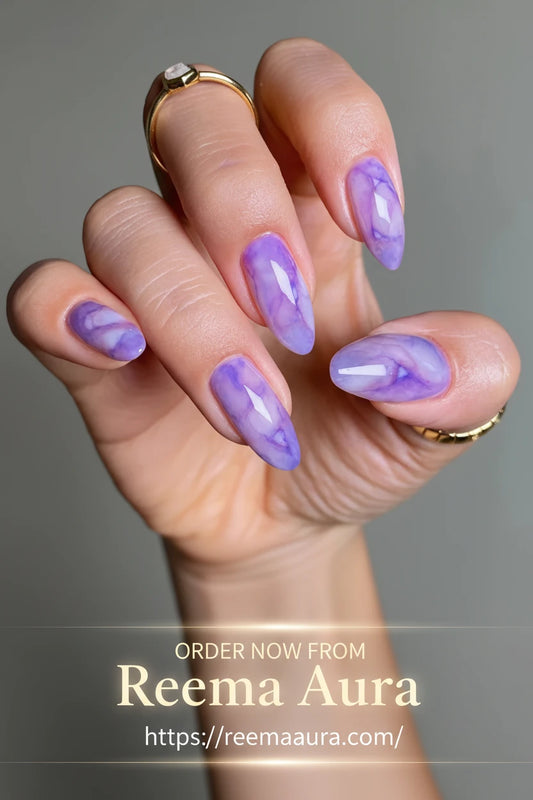 24Pcs Wearable Almond Fake Nail with Halo Stained Purple Design Short Oval False Nails Round Head Press on Nails Full Nail Tips