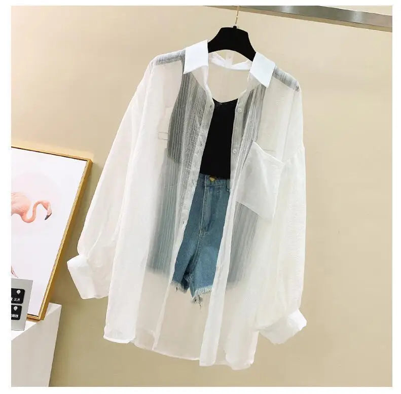 Summer Sunscreen Shirt Elegant Perspective Thin Chiffon Blouse Korean Harajuku See Through Loose Top Casual Women's Cardigan