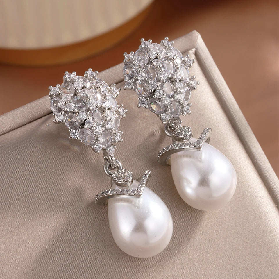 ZAKOL Luxury Big Teardrop Pearl Drop Earrings for Women Elegant Flower Shiny Zircon Wedding Party Jewelry Gift