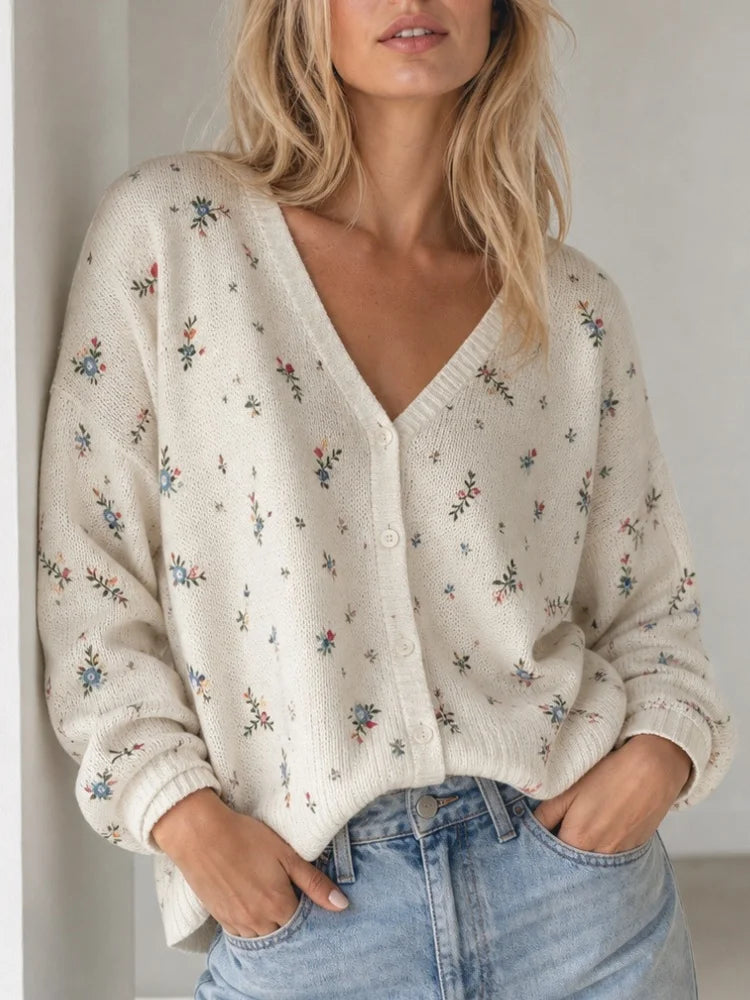 Womens' Elegant Knitted Print Cardigan Casual V Neck Floral Print Long Sleeve Coat Loose Front Sweater Autumn Winter Streetwear