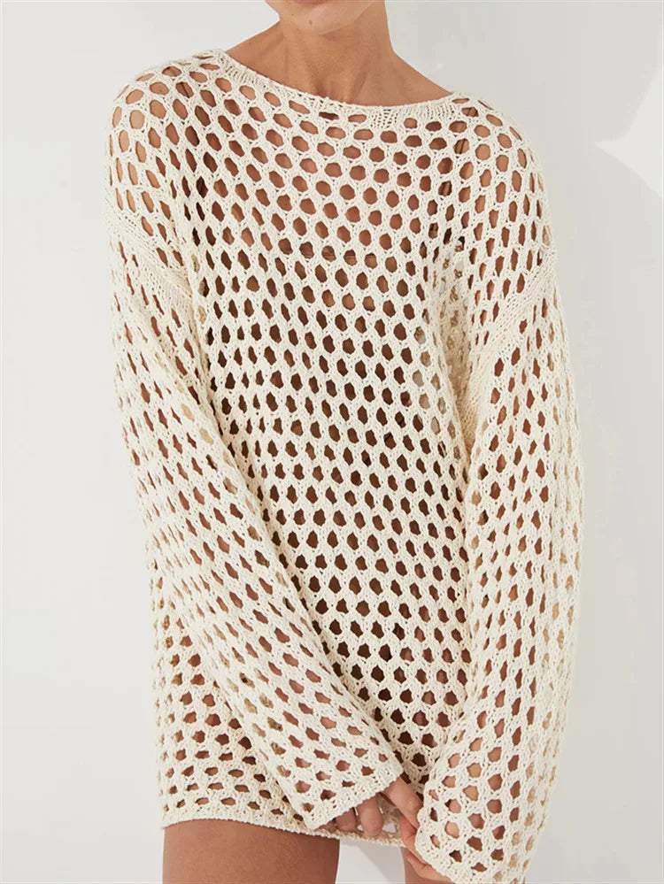 BKLD Sexy Hollow Out Knitted Tops Fashion Solid Color 2026 Summer Beach Vacation Outfits Long Sleeve Cover-Ups Women Clothing