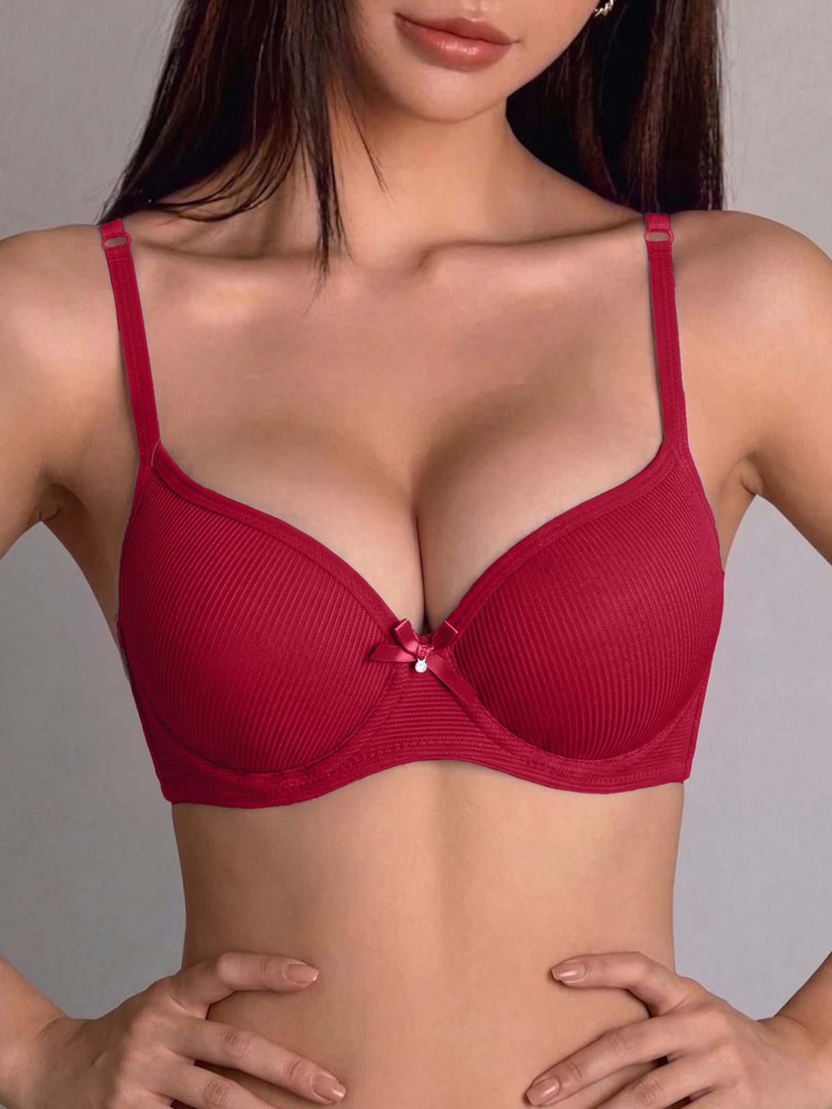 Solid Ribbed Women Bra Bow Decoration Simple Knit Underwear Daily Comfortable Push-up Bra